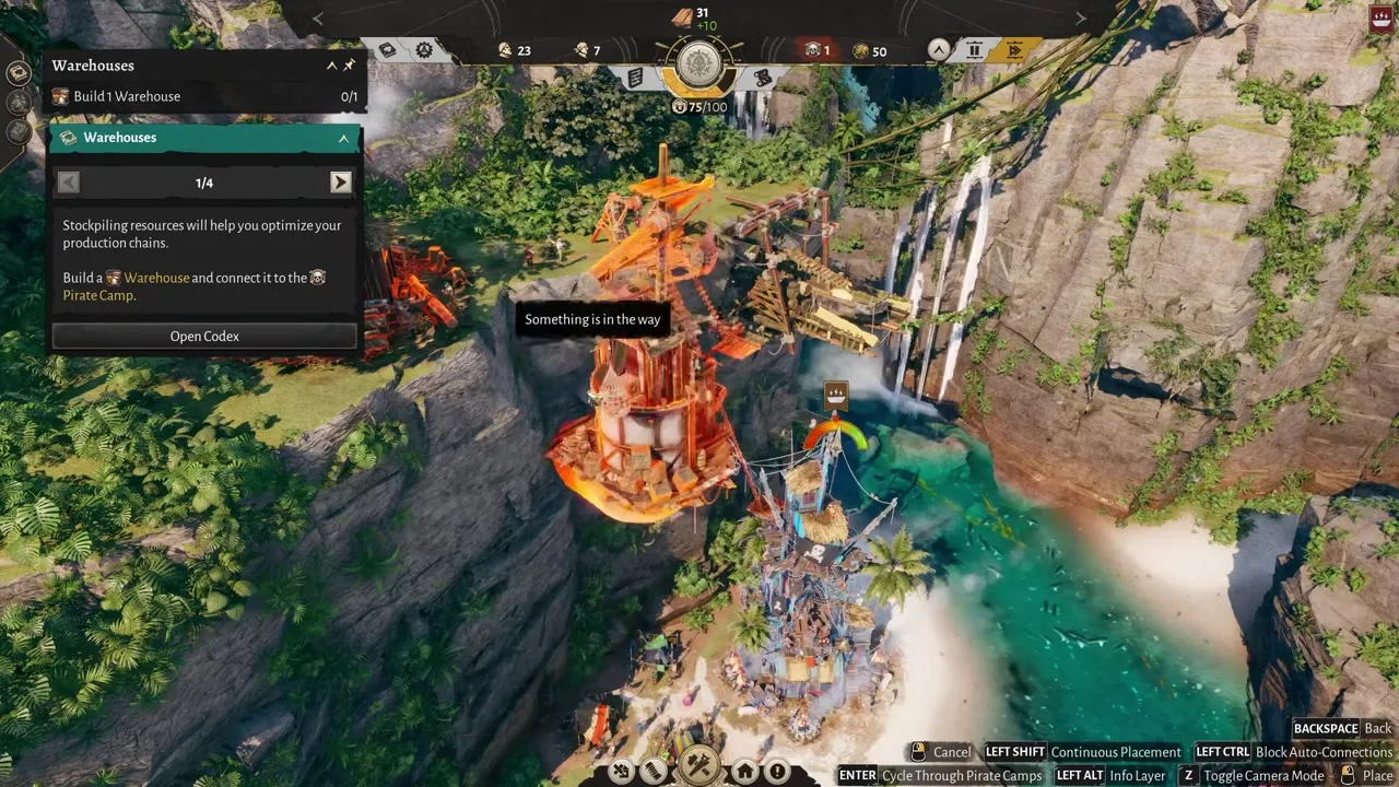 Corsair Cove vertical cliff city with bridges connecting tiered workshops and housing