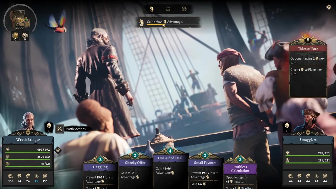 Corsair Cove naval combat with captain action card and dice roll HUD